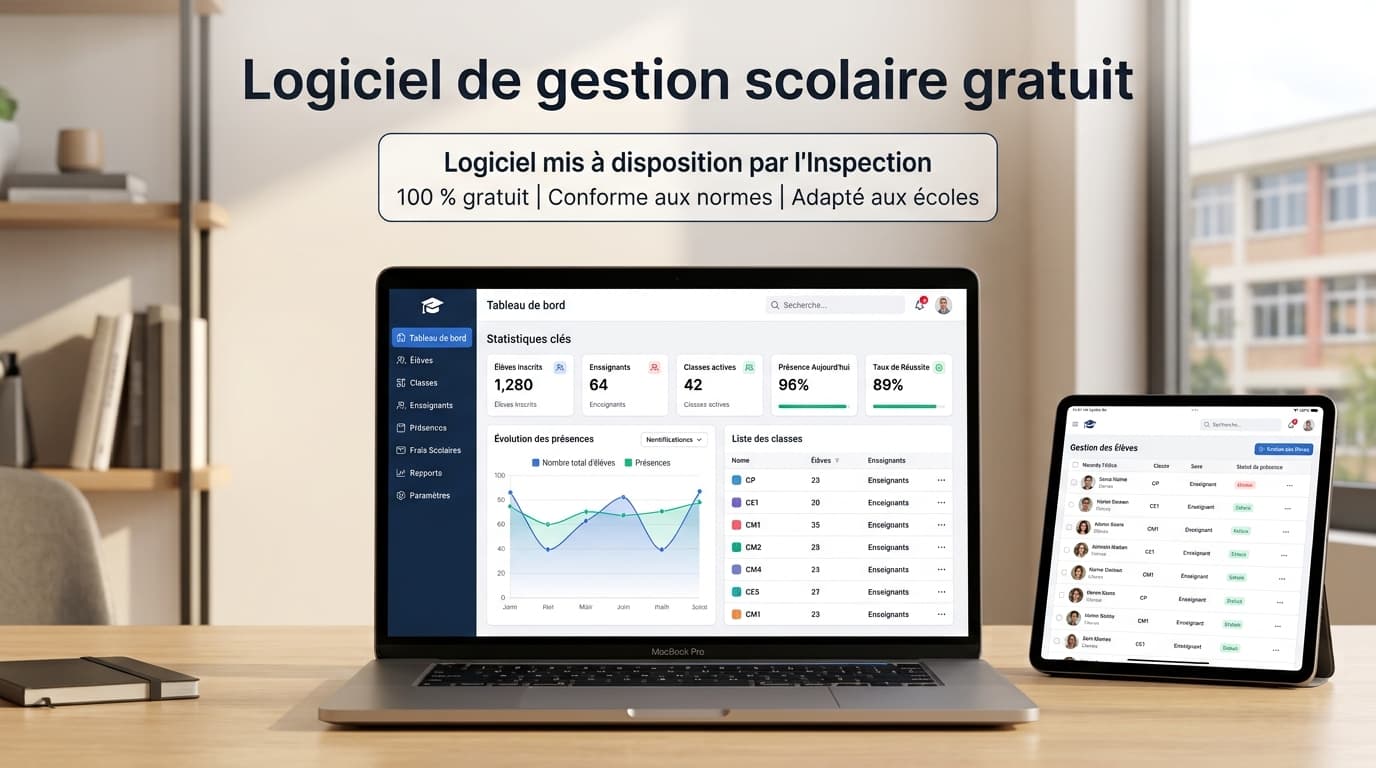 Aperçu du logiciel de gestion scolaire : tableau de bord, gestion des élèves et des classes